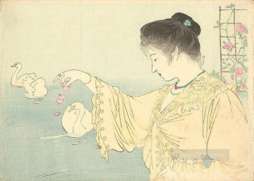  Kiyokata Canvas - woman and white swans 1906 Kiyokata Kaburagi Japanese